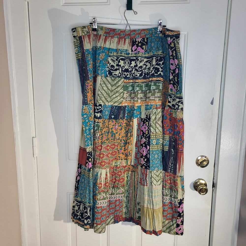 Patchwork Reversible Cotton Maxi Skirt 3X Elastic Waist Boho Hippie Festival - Picture 2 of 11